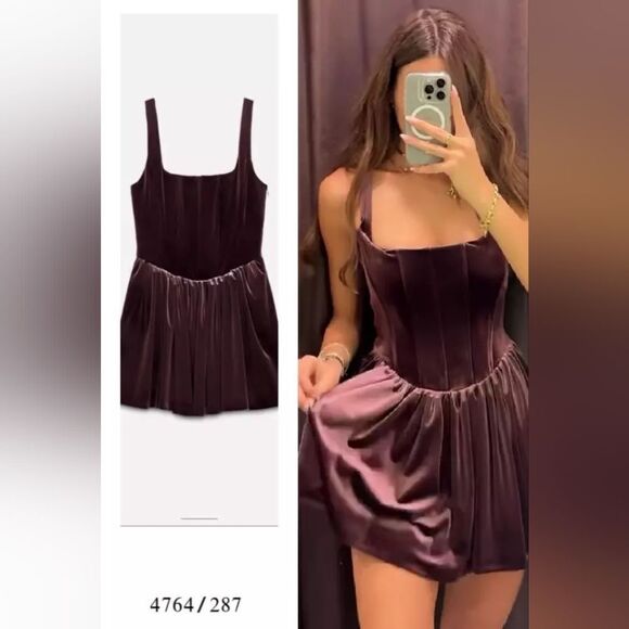 NWT NEW ZARA 2024 mauve GATHERED CORSETRY-INSPIRED DRESS corset rushed maroon - Picture 2 of 16